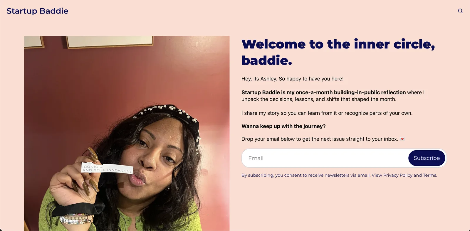 Startup Baddie newsletter signup page
